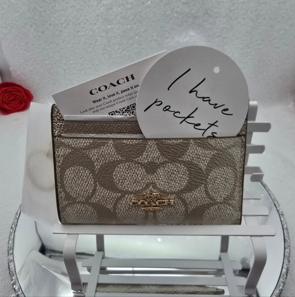 Coach Mini Skinny ID Card Case Golden  Pearlized Metallic Crossgrain Leather - Picture 4 of 8